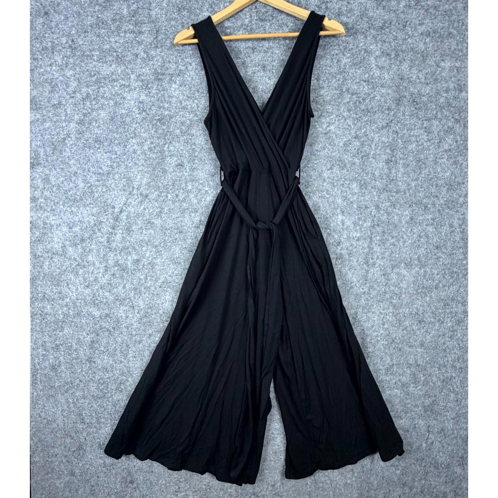 Final Touch Jumpsuit Womens Large Black Stretch Sleeveless Tie Waist Wide Leg